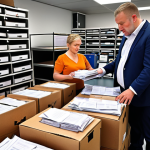 **

A bustling German customs office. Small and medium-sized business owners look stressed as they deal with stacks of paperwork and customs officials. Boxes labeled "Exports to the UK" are piling up, creating a sense of delays and increased bureaucracy due to Brexit.

**