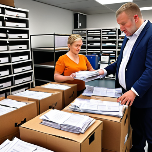 Home 15 **
A bustling German customs office. Small and medium-sized business owners look stressed as they deal with stacks of paperwork and customs officials. Boxes labeled "Exports to the UK" are piling up, creating a sense of delays and increased bureaucracy due to Brexit.
**