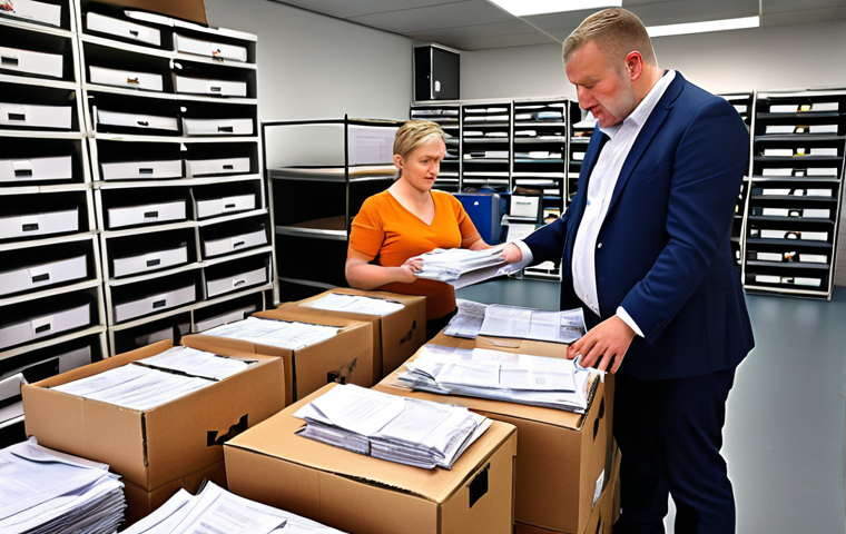 **
A bustling German customs office. Small and medium-sized business owners look stressed as they deal with stacks of paperwork and customs officials. Boxes labeled "Exports to the UK" are piling up, creating a sense of delays and increased bureaucracy due to Brexit.
**