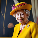 **

Prompt: Queen Elizabeth II in a vibrant, colorful outfit and matching hat, smiling warmly. In the background, subtle images representing the Commonwealth countries. The style should be reminiscent of a classic royal portrait but with a modern, slightly whimsical feel. Focus on conveying her warmth, style, and connection to the Commonwealth.

**