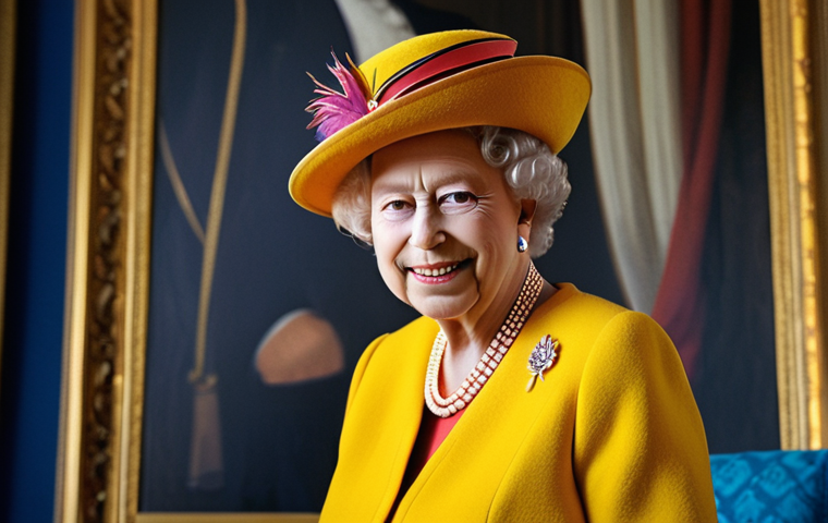 **
Prompt: Queen Elizabeth II in a vibrant, colorful outfit and matching hat, smiling warmly. In the background, subtle images representing the Commonwealth countries. The style should be reminiscent of a classic royal portrait but with a modern, slightly whimsical feel. Focus on conveying her warmth, style, and connection to the Commonwealth.
**