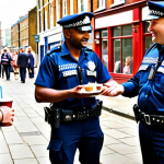 ** A diverse group of British police officers (male and female, different ethnicities) interacting positively with members of the public in a bustling London neighborhood. Focus on community policing, showing friendly interaction and trust. Perhaps a "cuppa" (tea) with locals.

**