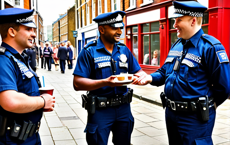 ** A diverse group of British police officers (male and female, different ethnicities) interacting positively with members of the public in a bustling London neighborhood. Focus on community policing, showing friendly interaction and trust. Perhaps a "cuppa" (tea) with locals.
**