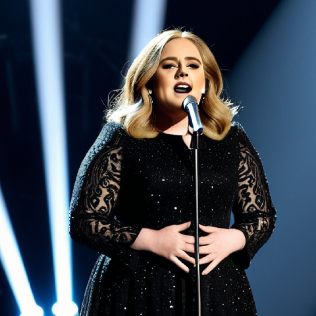 **

"Adele-inspired singer, fully clothed in a modest, elegant black dress, performing on a grand stage with soft spotlights, professional microphone, safe for work, appropriate content, perfect anatomy, natural proportions, family-friendly, high-quality concert photography, professional lighting."

**