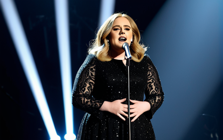 **
"Adele-inspired singer, fully clothed in a modest, elegant black dress, performing on a grand stage with soft spotlights, professional microphone, safe for work, appropriate content, perfect anatomy, natural proportions, family-friendly, high-quality concert photography, professional lighting."
**