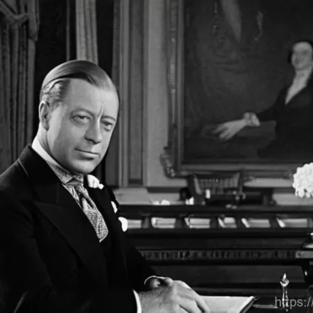 영국 왕실 스캔들 모음 - **Image Prompt 1: The Weight of the Crown**
"A somber and resolute Edward VIII, dressed in a imp...
