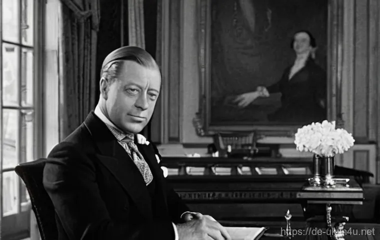 영국 왕실 스캔들 모음 - **Image Prompt 1: The Weight of the Crown**
"A somber and resolute Edward VIII, dressed in a imp...