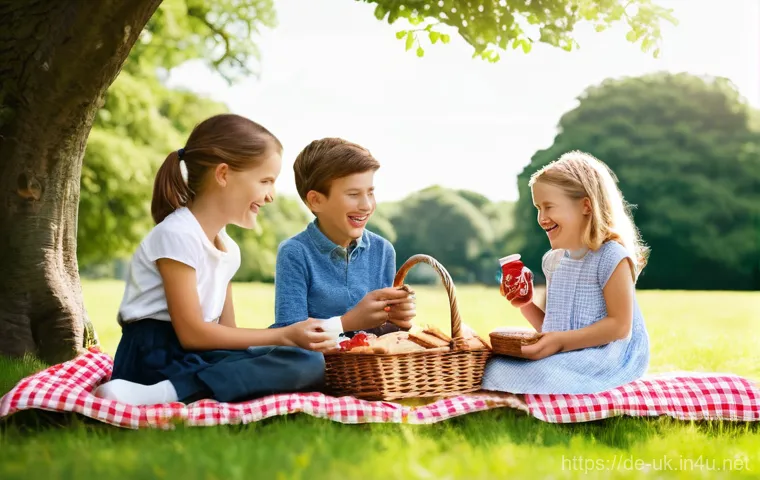 영국 공원 문화와 피크닉 - **Prompt 1: Classic British Park Picnic**
    A cheerful family of four (parents and two children, a...