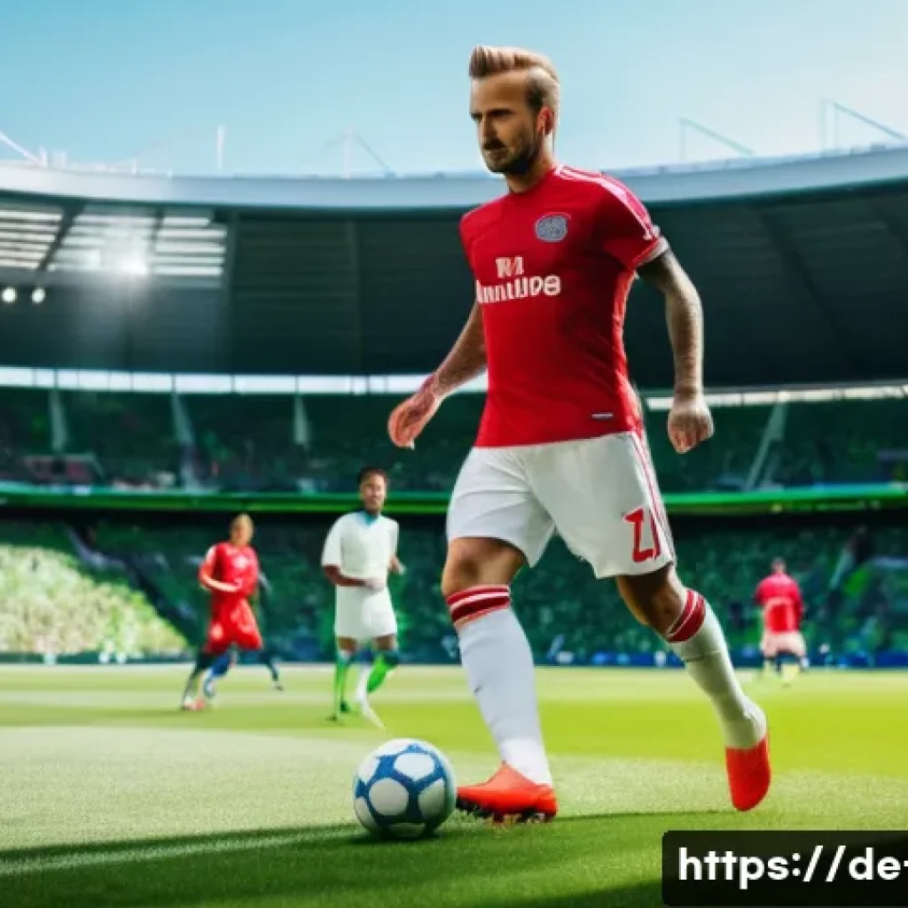 데이비드 베컴 vs 해리 케인 비교 - A dynamic scene of a professional male soccer midfielder resembling David Beckham, wearing a classic...