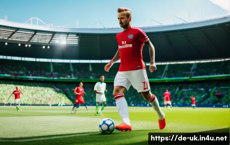 데이비드 베컴 vs 해리 케인 비교 - A dynamic scene of a professional male soccer midfielder resembling David Beckham, wearing a classic...