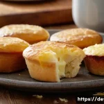 잉글리시 머핀과 아메리칸 머핀 차이 - A close-up scene of freshly baked English muffins on a rustic wooden table in a cozy British-style k...
