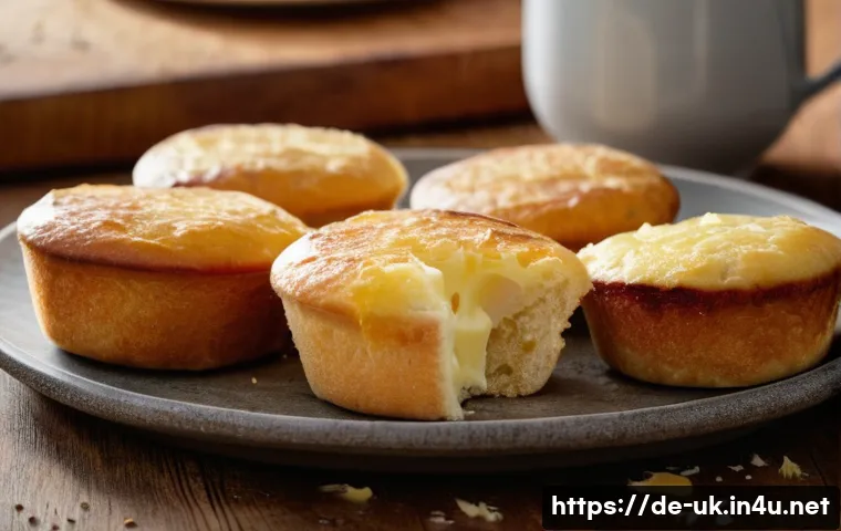 잉글리시 머핀과 아메리칸 머핀 차이 - A close-up scene of freshly baked English muffins on a rustic wooden table in a cozy British-style k...