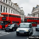 영국의 좌측통행 운전법 - A detailed street scene in London showcasing typical British left-hand traffic: double-decker red bu...