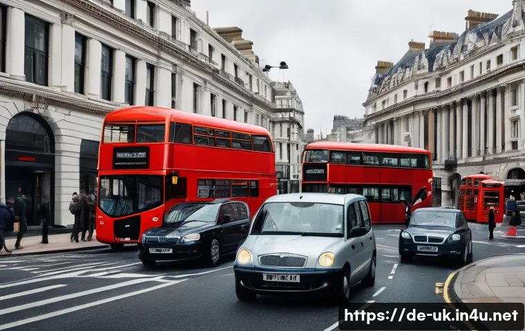 영국의 좌측통행 운전법 - A detailed street scene in London showcasing typical British left-hand traffic: double-decker red bu...