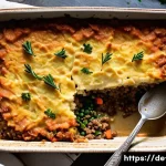 비건을 위한 영국 전통 요리 - A rustic vegan British Shepherd&rsquo;s Pie served in a ceramic baking dish, featuring a golden-brown cris...