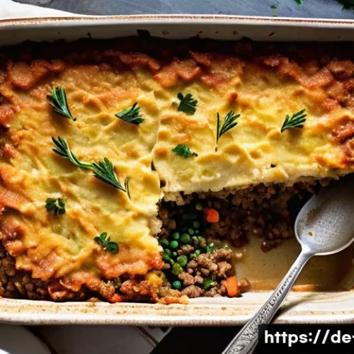 비건을 위한 영국 전통 요리 - A rustic vegan British Shepherd&rsquo;s Pie served in a ceramic baking dish, featuring a golden-brown cris...