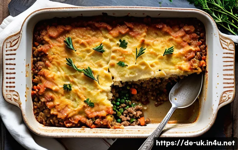 비건을 위한 영국 전통 요리 - A rustic vegan British Shepherd&rsquo;s Pie served in a ceramic baking dish, featuring a golden-brown cris...