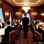 영국 역사적 사건 - A detailed scene inside the Titanic&rsquo;s first-class dining room during a lavish dinner, showcasing ele...