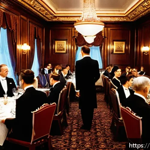 영국 역사적 사건 - A detailed scene inside the Titanic&rsquo;s first-class dining room during a lavish dinner, showcasing ele...
