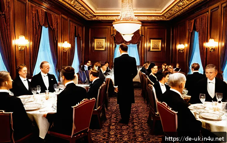 영국 역사적 사건 - A detailed scene inside the Titanic’s first-class dining room during a lavish dinner, showcasing ele...